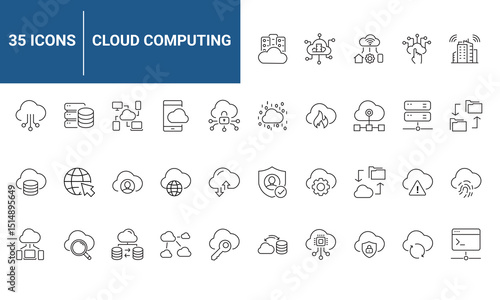 Cloud computing set of icons in line style. Containing server, database, technology, networking, download, upload and more. suitable for applications and web. vector illustration.
