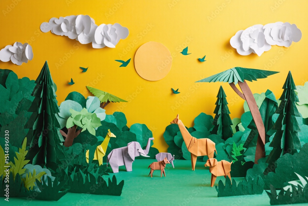 Obraz premium Origami Jungle Scene. A whimsical paper jungle featuring origami animals like elephants, giraffes, and birds among layered green paper trees.