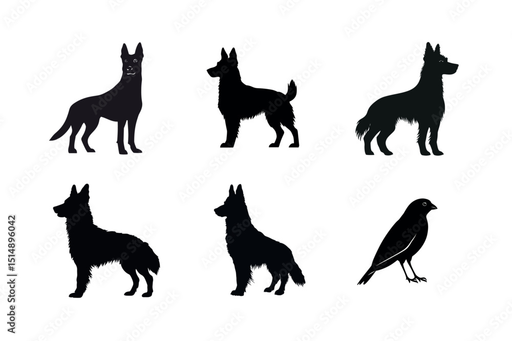 Dog and Bird Silhouettes in Various Poses Dog and Bird Silhouettes in Various Poses
