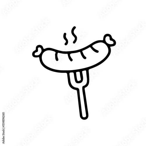 Grilled sausage on fork vector illustration, perfect for BBQ-themed designs, culinary blogs, and food-related projects. Minimalist line art style, ideal for digital and print use.