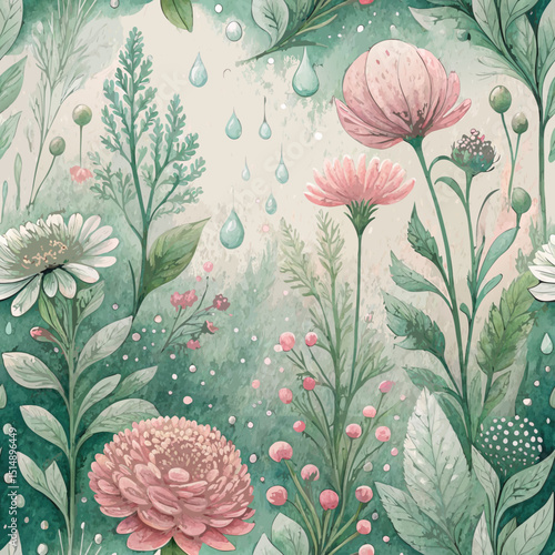 "Vector Seamless Dewdrop Garden Watercolor Background – Ethereal Pastel Greens & Soft Pinks with Delicate Droplet Texture"