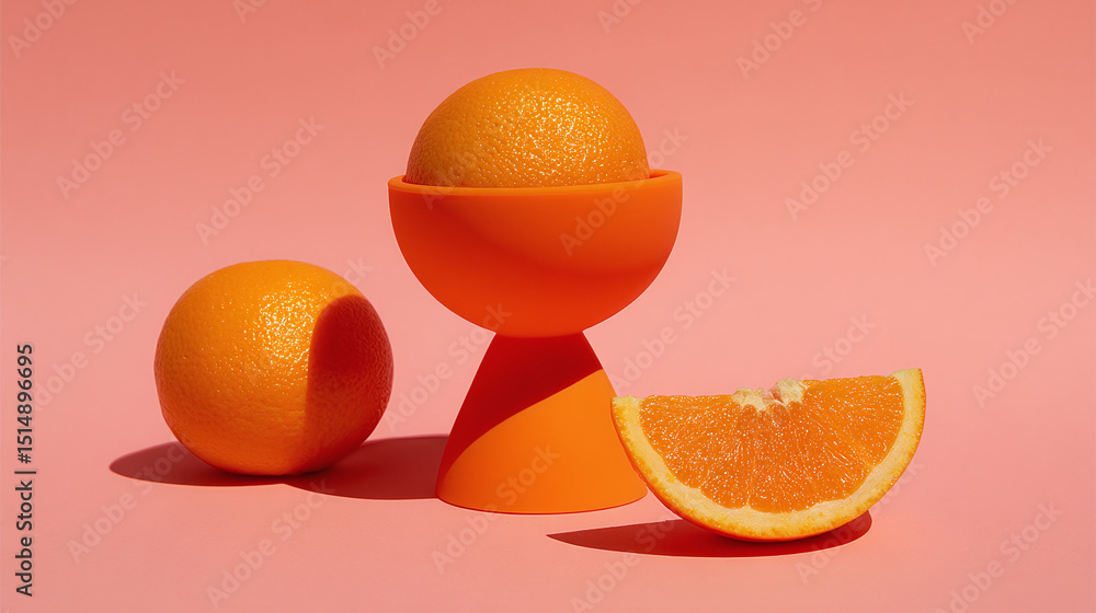 Fototapeta premium Whole and sliced oranges in modern geometric bowl on pink background, vibrant citrus fruit concept with playful summer mood and strong color contrast