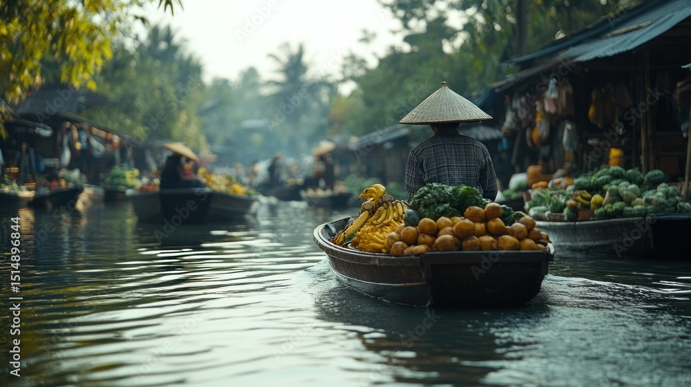 Obraz premium Floating market scene with vendors