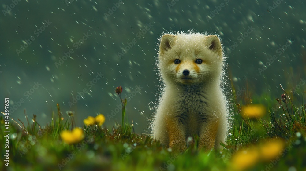 Obraz premium Fluffy arctic fox cub in a snowy meadow