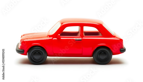One red car isolated on white. Children`s toy