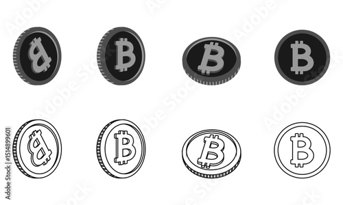 bitcoin icon set with different view, vector illustration isolated on white background.