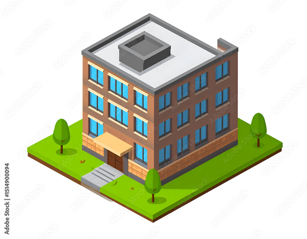 Isometric illustration of a multi-story building with trees and landscaping Isometric illustration of a multi-story building with trees and landscaping