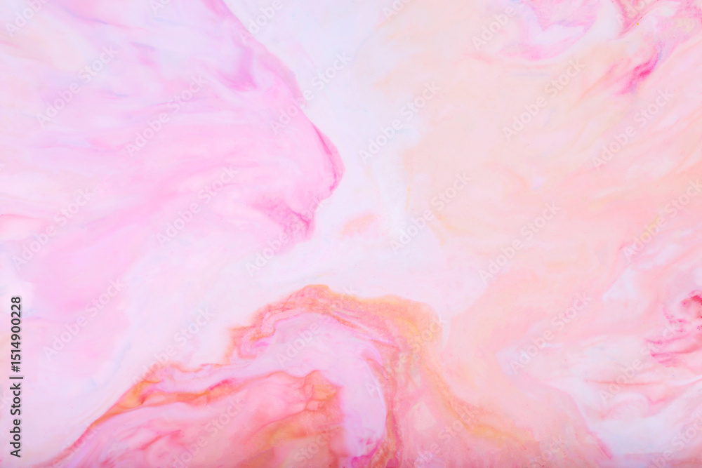 Fototapeta premium Pink Peach Marble Swirl Texture with Yellow Accents, Abstract Fluid Background for Feminine Design