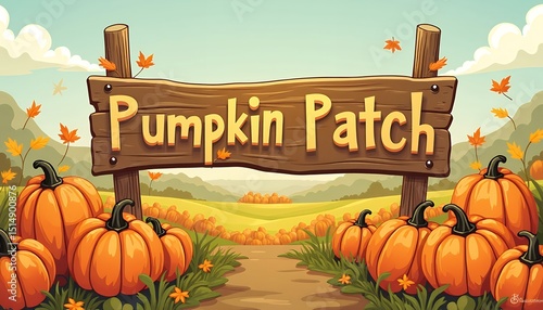 Pumpkin patch sign with pumpkins landscape art