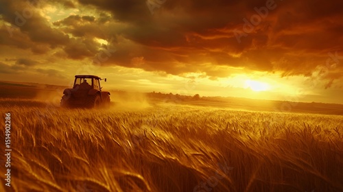 Tractor plowing through golden wheat field at sunset, creating a serene rural landscape.