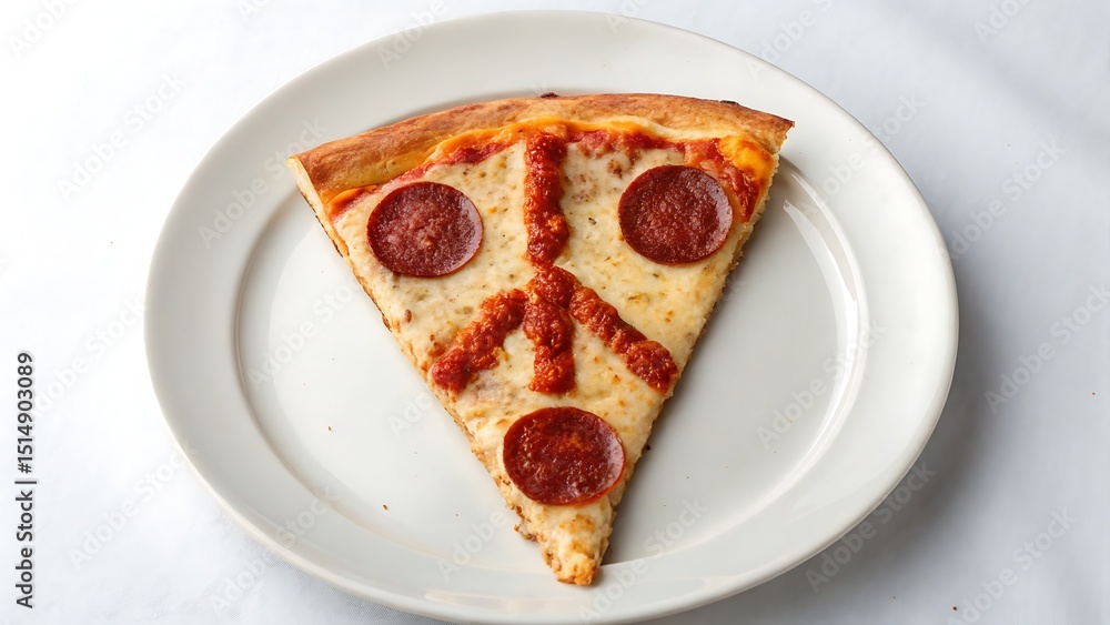 A slice of pepperoni pizza on a white plate close up food shot A slice of pepperoni pizza on a white plate close up food shot