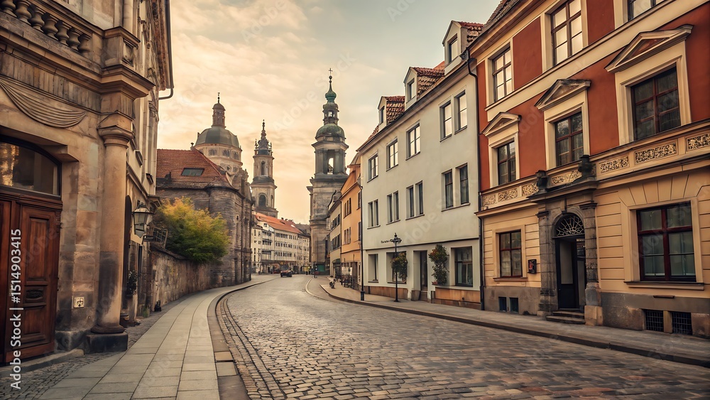 Fototapeta premium Cobblestone street with buildings and churches in dresden germany