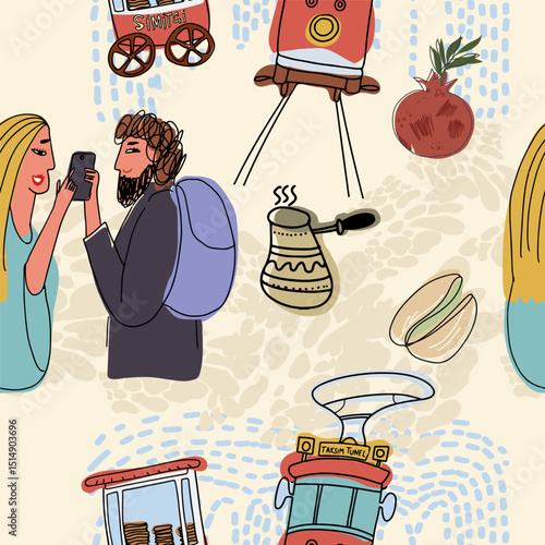 Seamless pattern symbols of turkey, hand drawn vector illustration, stickers.