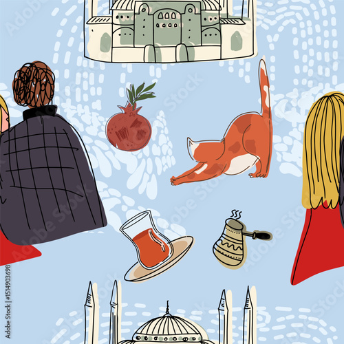 Seamless pattern symbols of turkey, hand drawn vector illustration, stickers.