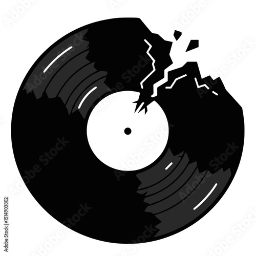 Broken vinyl record with cracks in black and white design  on a transparent background icon	