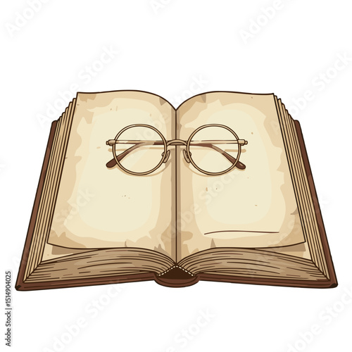 Open book with glasses resting on pages in illustration style  on a transparent background icon	