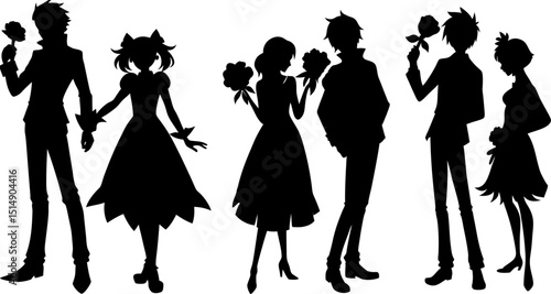 anime characters, both male and female, are holding roses and posing in silhouette sheet illustration