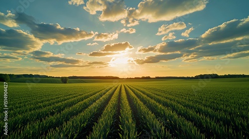 Vibrant sunset over luscious green fields with dramatic cloud formations.