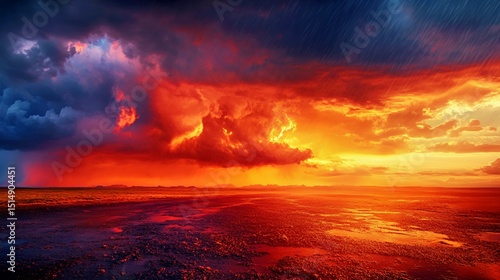Dramatic sunset over a reflective wetland with vibrant colors and stormy clouds.