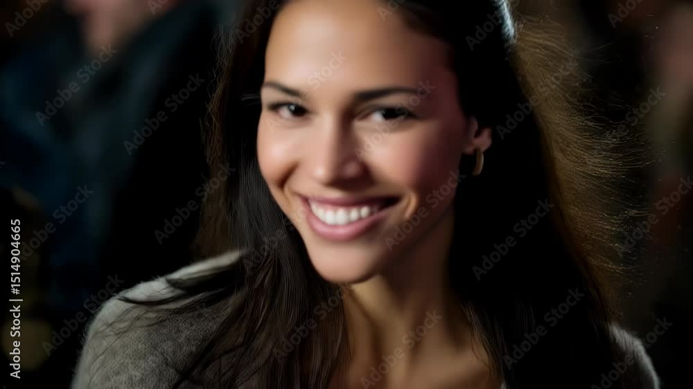 Attractive smiling brunette woman with blurred lights background in an urban night setting, wearing gold earrings and a neutral sweater Attractive smiling brunette woman with blurred lights background in an urban night setting, wearing gold earrings and a neutral sweater