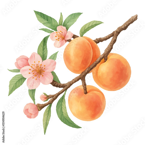 Peaches with Leaves & Flowers Isolated on a Transparent PNG background - Watercolour Art