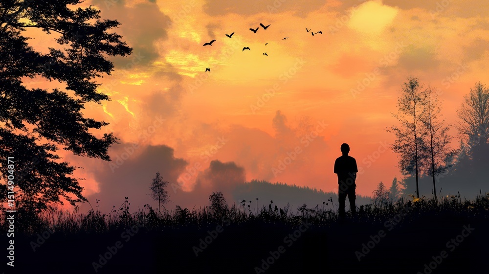 Fototapeta premium Silhouette of a person contemplating a vibrant sunset in nature.