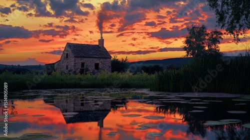 Serene sunset over a rustic stone cottage by a tranquil pond with lily pads.