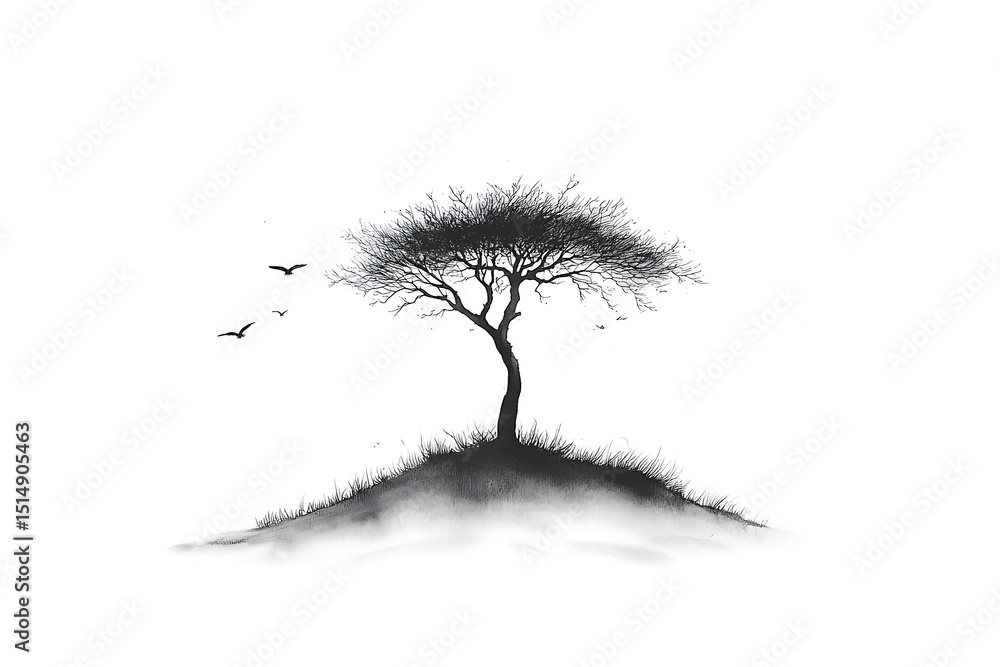 Fototapeta premium Lone Tree with Birds, Hill, and Minimalist.