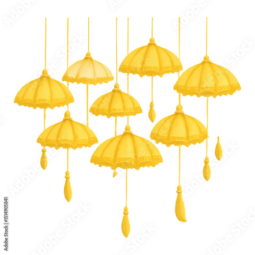 Traditional Yellow Umbrellas Hanging with Tassels- Watercolour Art  on a Transparent PNG background