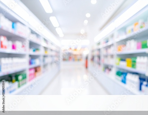Pharmacy drugstore blur abstract backbround with medicine and healthcare product on shelves.