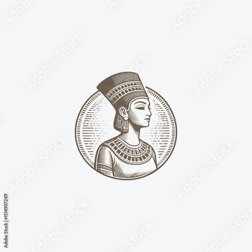 Queen nefertiti with engraving style logo icon design vector illustration
