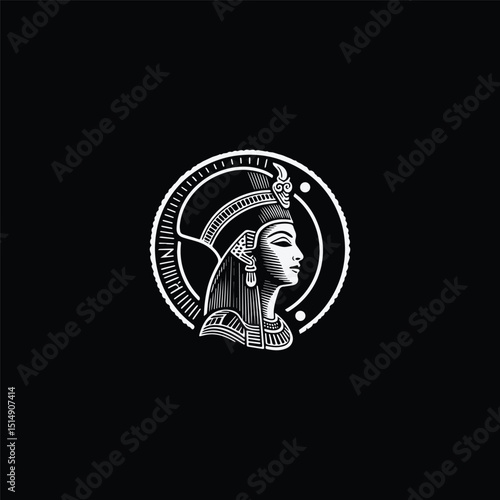 Queen nefertiti with engraving style logo icon design vector illustration