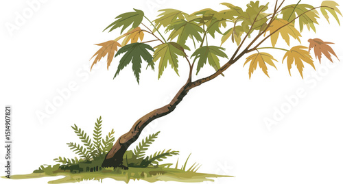 Vector illustration of a bent tree with autumn leaves and green foliage on forest ground, perfect for nature design, eco themes, and landscaping projects