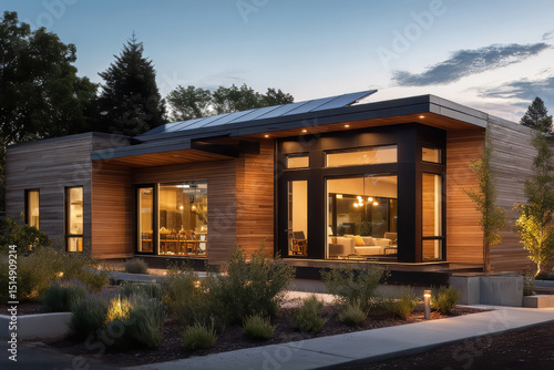 Modern solar powered home with wood siding at dusk