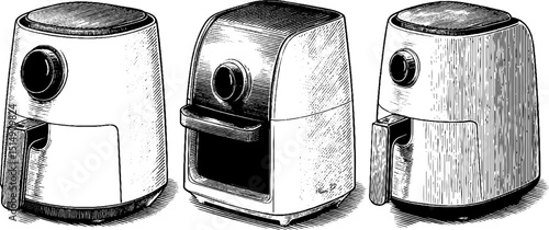 Vintage engraved illustration set of air fryer appliances for kitchen design