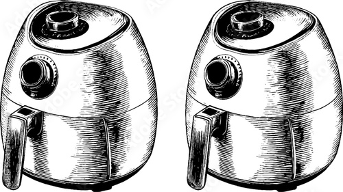 Engraved illustration of air fryer set for kitchen appliance design
