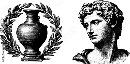 Ancient amphora and classical sculpture engravings for design and decoration