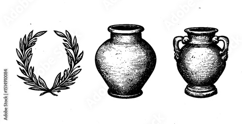 Engraved illustration set of ancient amphora and laurel wreath for historical design