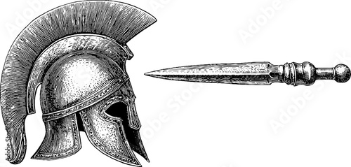 Engraved illustration of ancient helmet and spear for historical design projects
