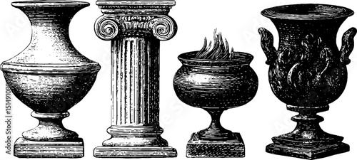 Engraved illustrations of ancient statues and architectural elements for design