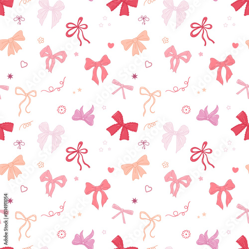Seamless pattern with various bow knots, gift ribbons. Hand drawn trendy Vector illustration. Wedding celebration, holiday, party decoration, gift, present concept. seamless Pattern on white
