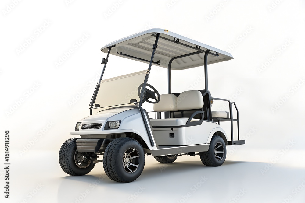 Fototapeta premium White electric golf cart on a green golf course