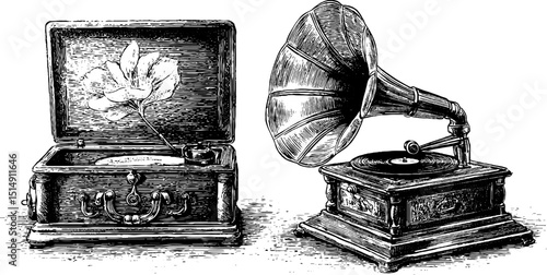 Vintage gramophones and floral detail engraving collection for classic enthusiasts
