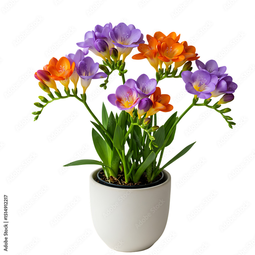 Obraz premium Vibrant Freesia Blooms in a Modern Pot: A Stunning Floral Display
