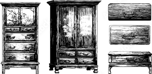 Vintage furnishing design: engraved wooden wardrobe and drawers illustration set for artistic inspiration