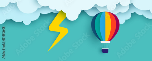 Paper Cut Style Thunderstorm with Hot Air Balloon in Sky