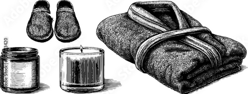 Engraved spa essentials: bathrobe, slippers, candle, and jar for relaxation design
