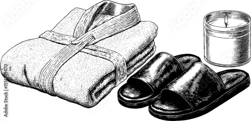 Engraved style illustration of bathrobe slippers and candle for spa and relaxation concepts