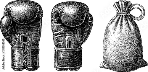 Vintage boxing equipment engraving featuring gloves and heavy bag for retro design