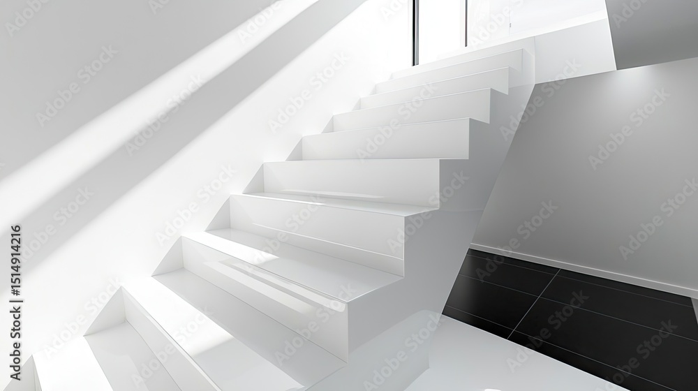 Modern white staircase in a minimalist interior design. Modern white staircase in a minimalist interior design.